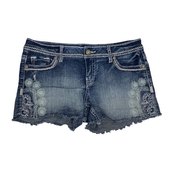 Maurices Bandana Jean Shorts Sz 7/8 Blue Bootie Embroidered Pocket Stretch Short - Picture 2 of 13